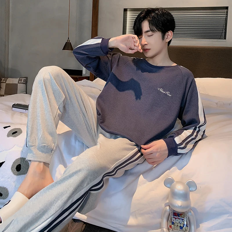 Spring Autumn Plus 4XL Knitted Men's Sleepwear Letter Lattice Pajamas Plaid Pajamas Sets Casual Loungewear Pyjamas Night Fashion