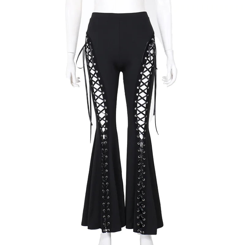 Dark Black Sexy Punk Flared Pants Long Trouser Women Lace Up Front Hollow Cut Out Bell Bottom Tied Up High Waist Streetwear