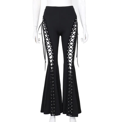 Dark Black Sexy Punk Flared Pants Long Trouser Women Lace Up Front Hollow Cut Out Bell Bottom Tied Up High Waist Streetwear