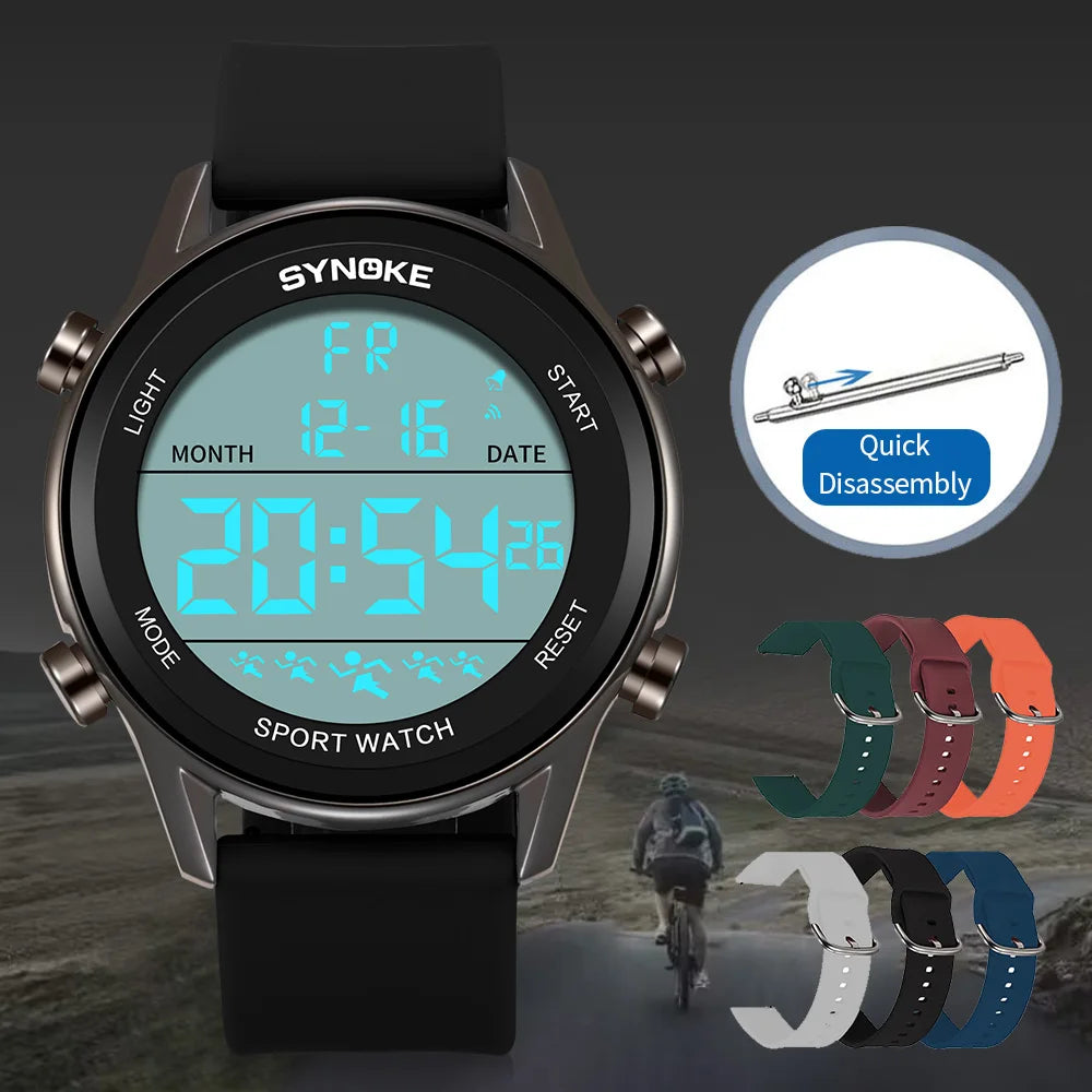SYNOKE Men Outdoor Sports Multifunctional Waterproof Large Screen Display Luminous LED Digital For Men Fashion Silicon Watch