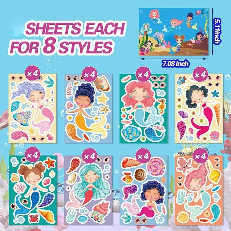 8pcs/Set Kawaii Mermaid Princess Column Sticker DIY Funny Cartoon Stickers For Kids Gift Classic Toys Handmade Puzzle Sticker