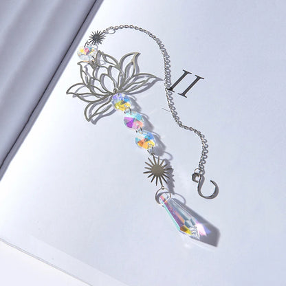1PcMetalLotusandArtificial Crystal Suncatcher Charm Handmade Applicable Home Wind Chime Pendant Outdoor Garden Plant Decoration