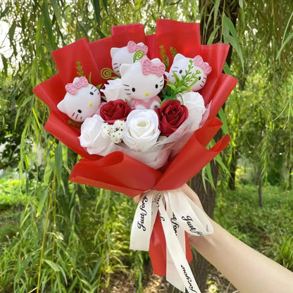 Kawaii Hello Kitty Cat Dolls With Artificial Flowers Creative Bouquet Christmas Valentine Birthday Graduation Gifts