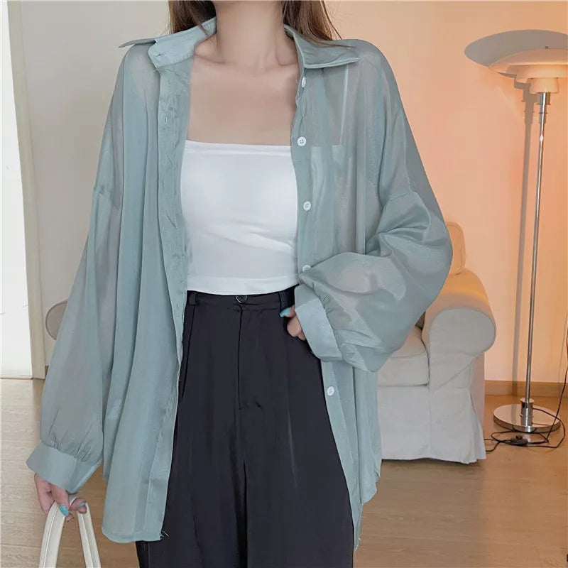 Semi Sheer Long Sleeve Shirt for Women Shimmer Button Down Collared Plain Lightweight Shirt Spring Summer Chic Tops Outfit