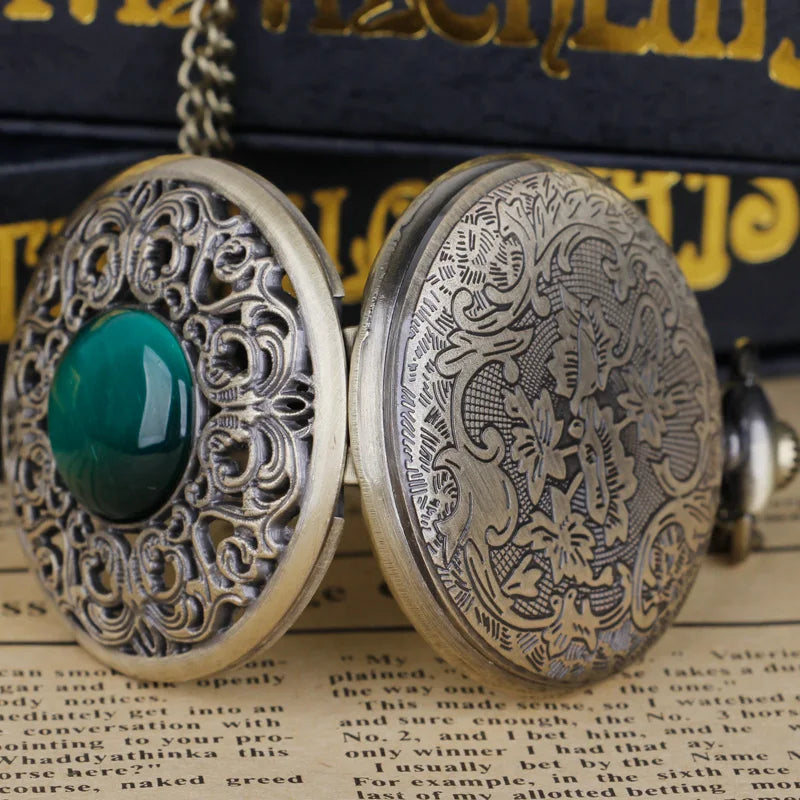 Vintage Arabic numerals face hollowed-out carving jade quartz pocket watch Bronze elegant style ladies gift clothing accessories