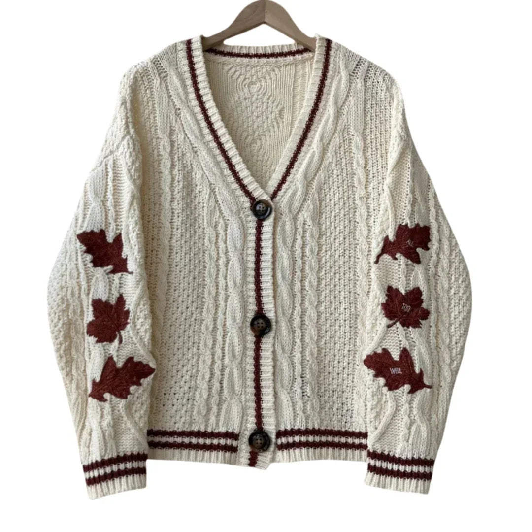 Autumn Red Maple Leaf Embroidered Leaves Knitted Cardigan Women Winter V-neck Single Breasted Show Y2k Style Cardigans Girls