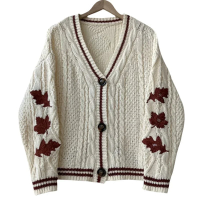 Autumn Red Maple Leaf Embroidered Leaves Knitted Cardigan Women Winter V-neck Single Breasted Show Y2k Style Cardigans Girls