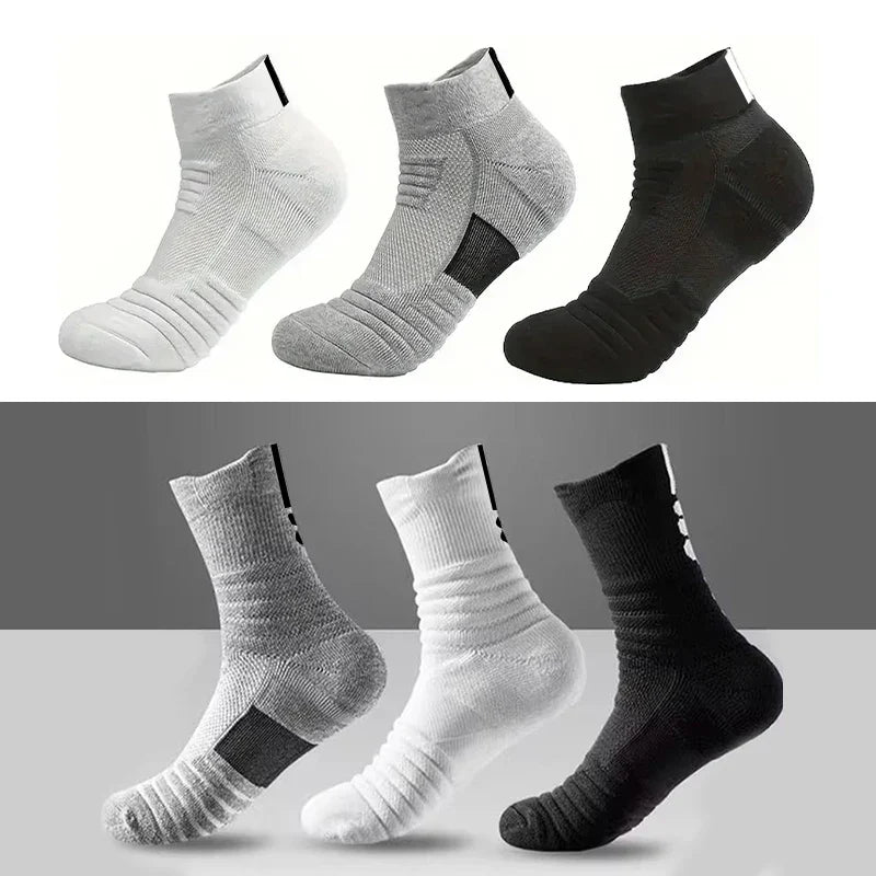 6/3/1 Pairs New Men Sports Running Fitness Flight Short Tube Socks Women's Towel Bottom Basketball Socks Solid Color Black Socks
