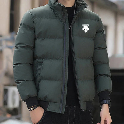 A new men's casual stand-up collar down cotton thermal jacket for winter 2026, a fashionable cotton jacket for outdoor sports