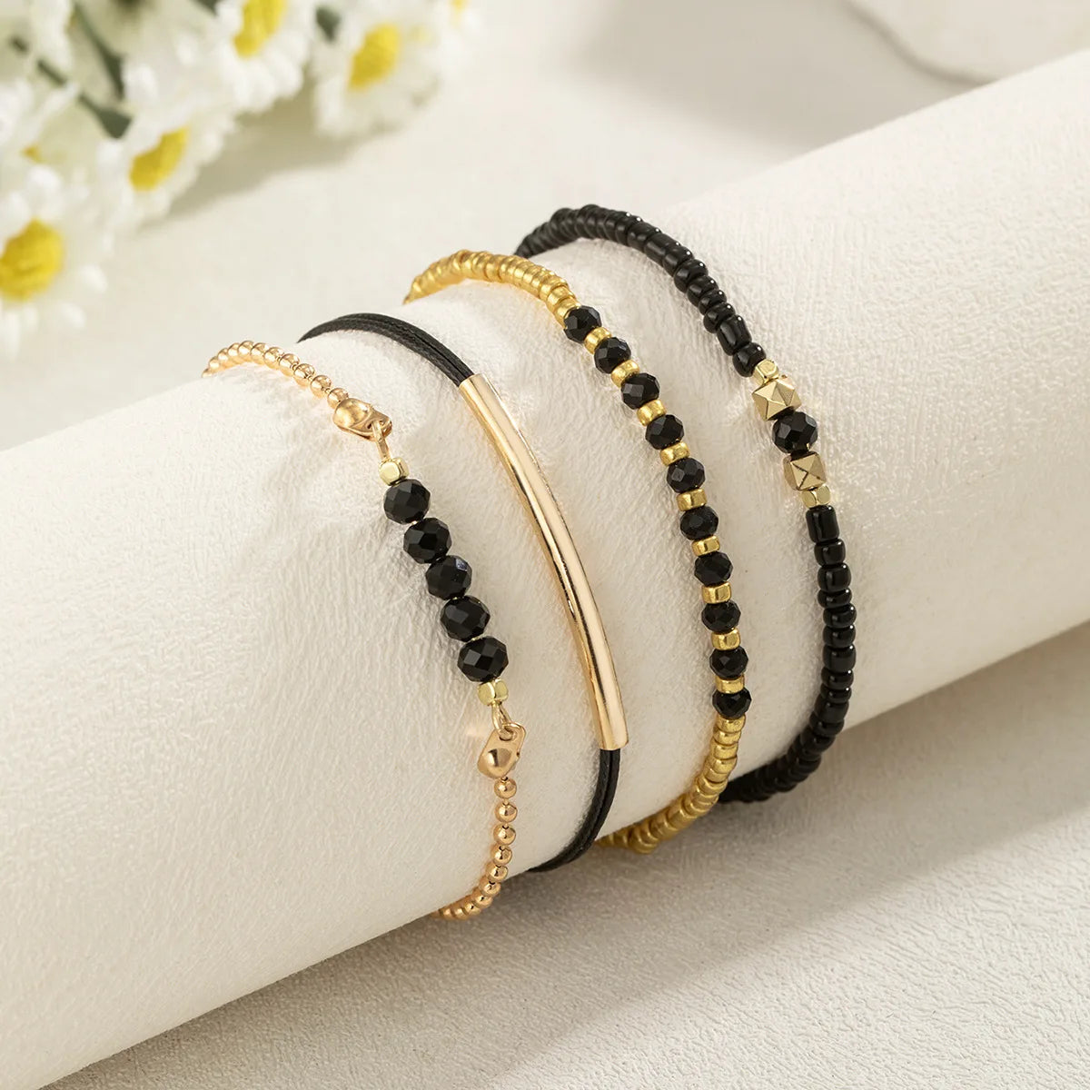 Handmade Black Glass Stone Bracelet Set For Women Simple Braided Rope Beads Chain Bangle Female Fashion Jewelry Accessories