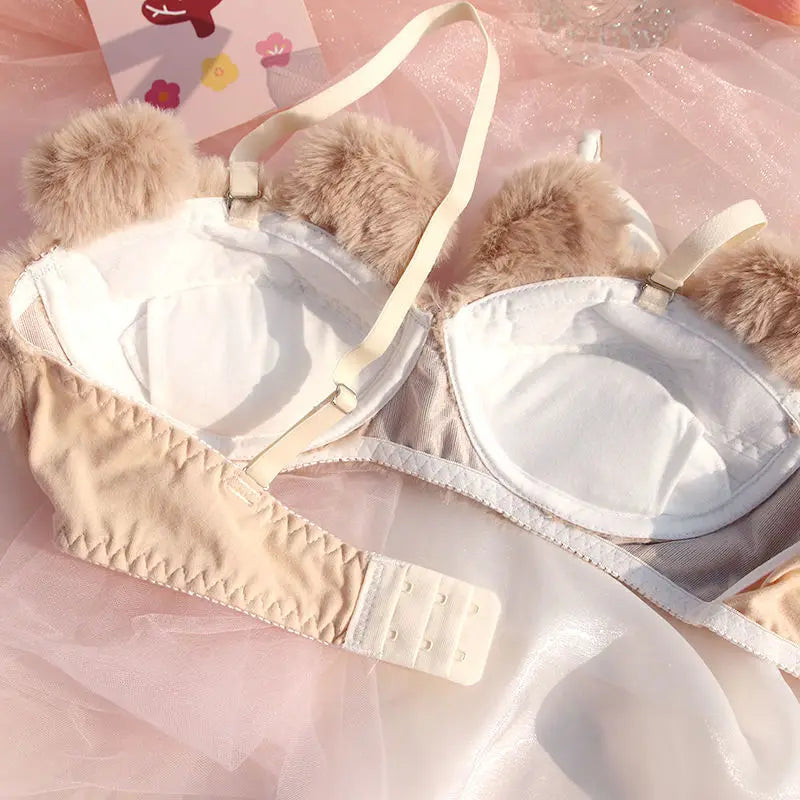 Japanese Girls Winter Soft Ropa Interior Cute Lingerie for Women Cartoon Bear Students Plush  Sexy Bras Wireless Thin Bra Set