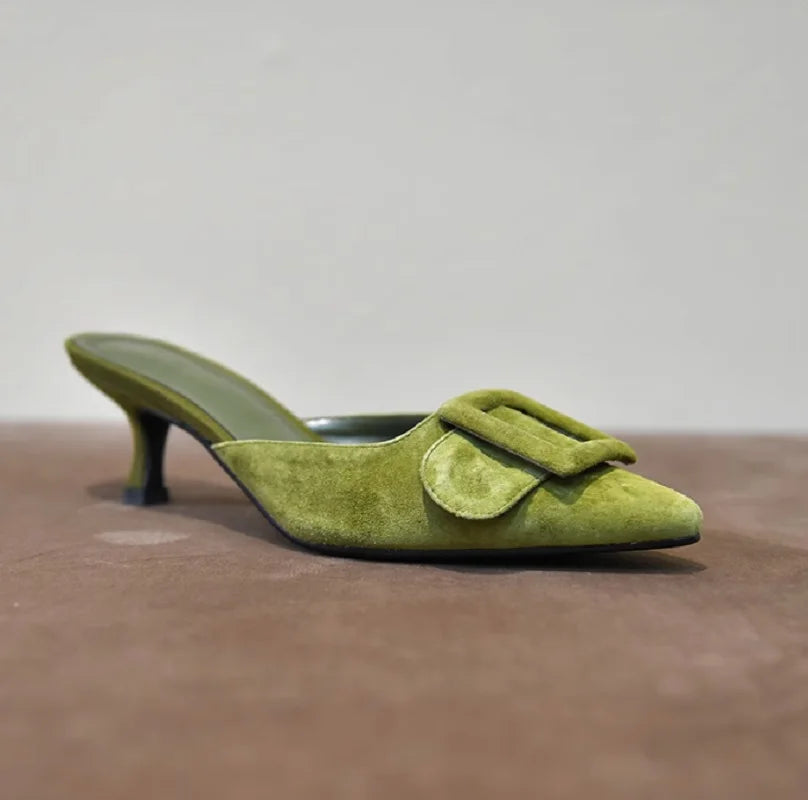 2025 Womens Summer sandals Lady mules basic style shoes natual suede french style buckle slippers Women pump pointed toe size 42