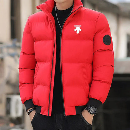 A new men's casual stand-up collar down cotton thermal jacket for winter 2026, a fashionable cotton jacket for outdoor sports
