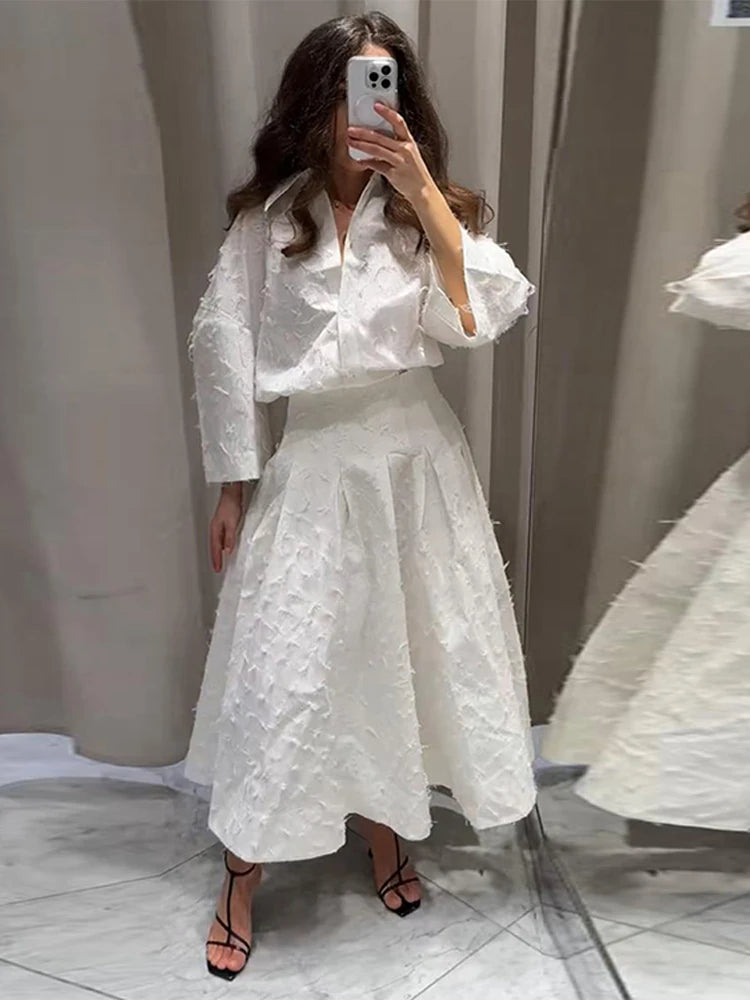 Elegant Shirt Skirt Set Women Lapel Long Sleeve Loose T-shirt High Waist Pleated Long Skirts Suits 2025 Autumn Street Lady Sets