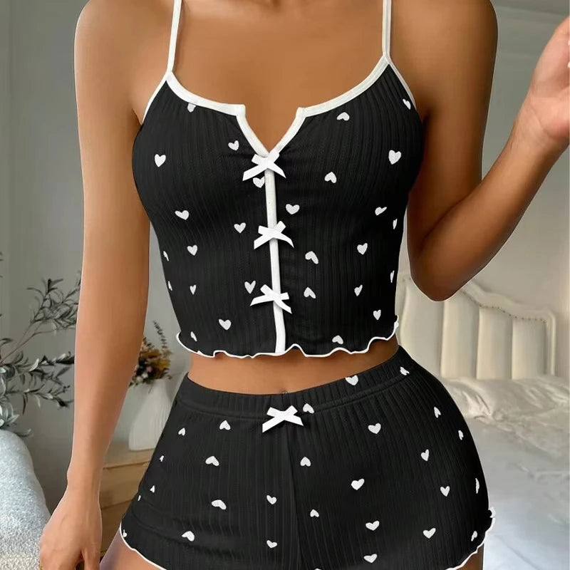 Sexy Sleepwear Women Pajamas Set Heart Print Silk Stain V-Neck Sleeveless Casual Cami Top and Shorts Sets Home Suit Loungewear