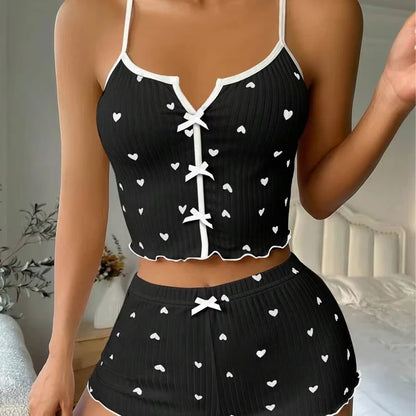 Sexy Sleepwear Women Pajamas Set Heart Print Silk Stain V-Neck Sleeveless Casual Cami Top and Shorts Sets Home Suit Loungewear
