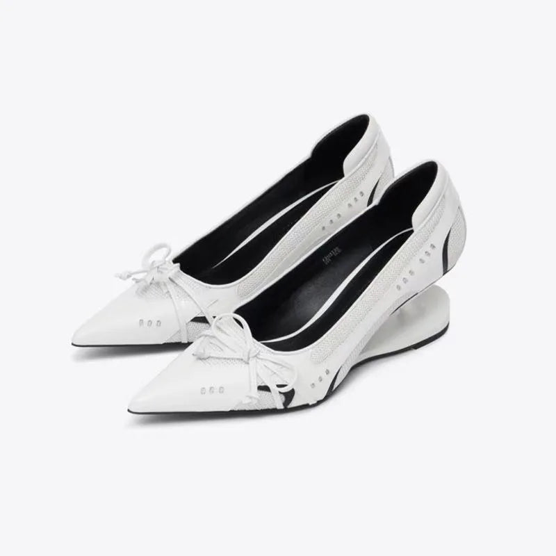 Special Heel Spliced Heels Pointed Toe Heels Women's Fashion Shallow Mouth Bow Non-Slip Mary Jane Single Shoes