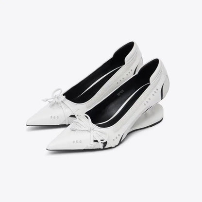 Special Heel Spliced Heels Pointed Toe Heels Women's Fashion Shallow Mouth Bow Non-Slip Mary Jane Single Shoes