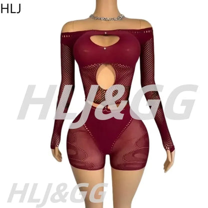 HLJ Sexy Hollow Out Rompers Women Off Shoulder See Through Long Sleeve Bodycon Playsuits Jumpsuits Female Party Clubwear New