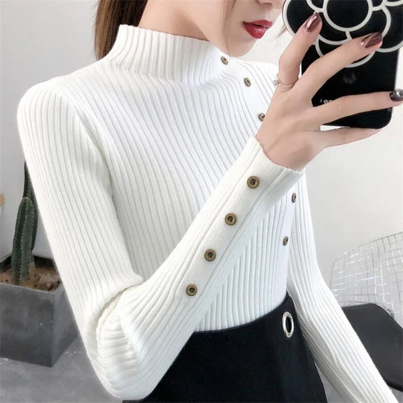 2025 Autumn Knitted Turtleneck Sweaters Women Solid Knitted Female Cotton Soft Elastic Color Slim Pullovers Button Full Sleeve