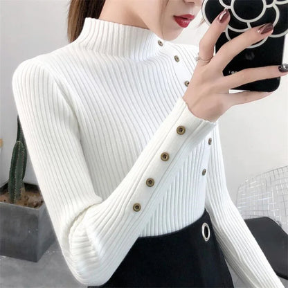 2025 Autumn Knitted Turtleneck Sweaters Women Solid Knitted Female Cotton Soft Elastic Color Slim Pullovers Button Full Sleeve