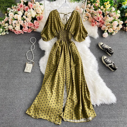 V Neck Sexy Dolman Sleeves Waist Slim Polka Dot Print Jumpsuit Women Wide Leg Trousers Jumpsuit