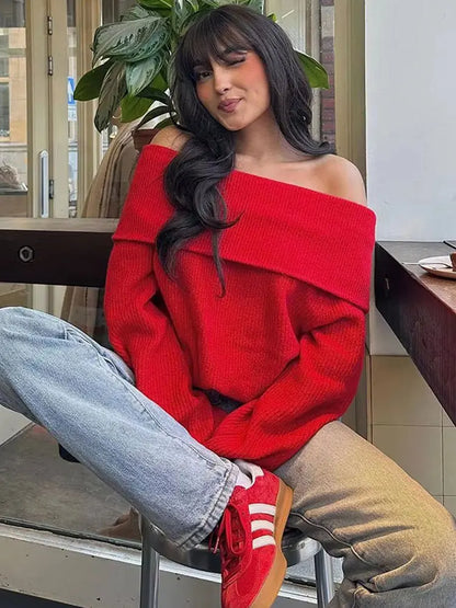 HH Women Fashion Solid Off Shoulder Sweater Long Sleeve Knitted Pullover Sweater Autumn Female Casual Knitwear Chic Top