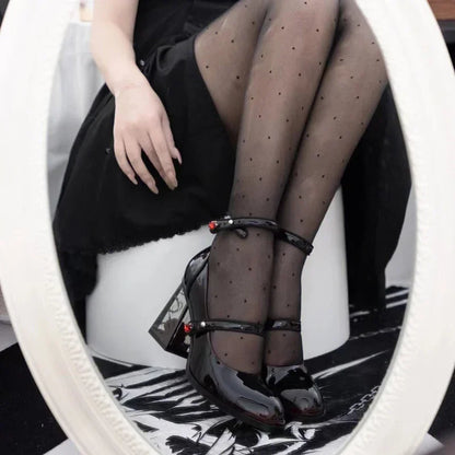 Punk Gothic High Heels Pumps Women 2024 New Rose Heeled Patent Leather Shoes Woman Ankle Straps Black Mary Jane Shoes