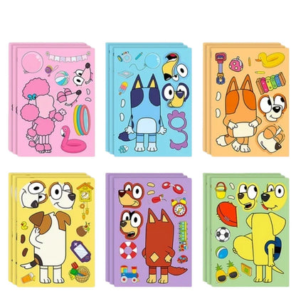 6/12/18Pcs Bluey Anime Cartoon Dog Puzzle Stickers Cute Children DIY Color Puzzle Education Stickers Kids Funny Toys Gift