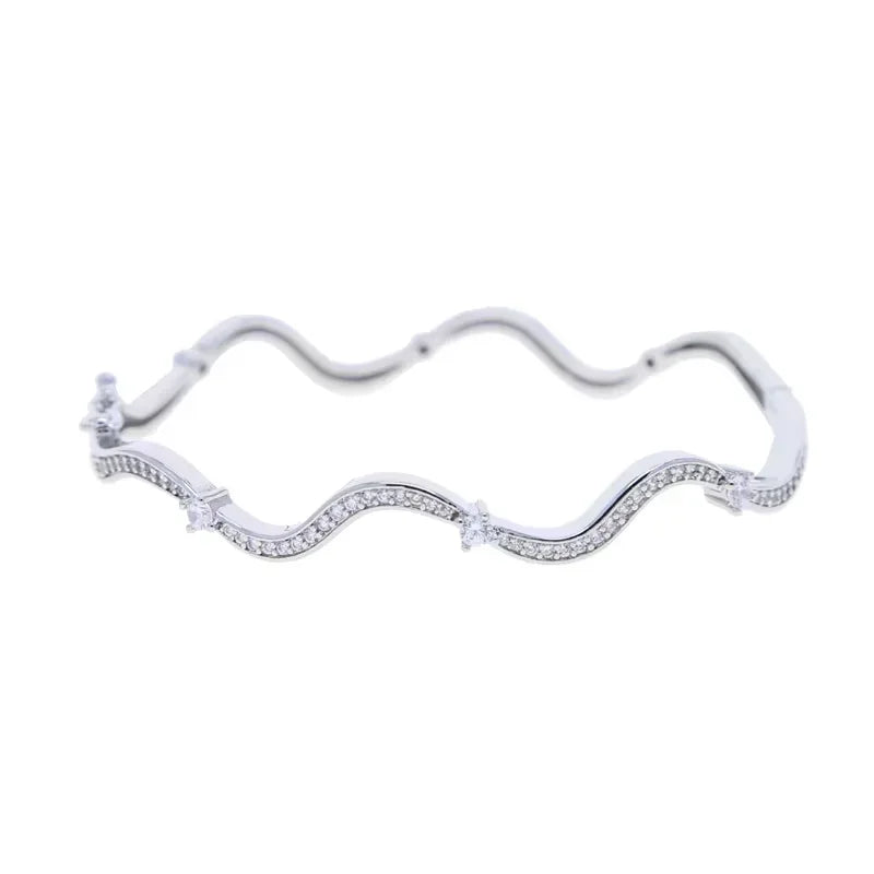 Fashionable Women's Wave Band Bracelet Ring Earring Necklace Set with 5A Cubic Zirconia CZ in Micro Pave Setting