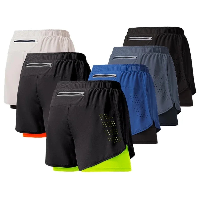 Men's Shorts 2 In 1 Fitness Training Gym Sports Short Pants Quick Dry Built-in Pocket Double-deck Beach Bottom Summer Shorts Men