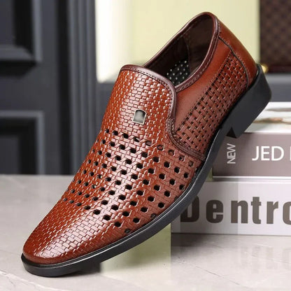 Men's Synthetic Leather Shoes  Soft Sole Breathable Low Heeled Business Casual Shoes Hollow Out Dress Sandals Middle Aged