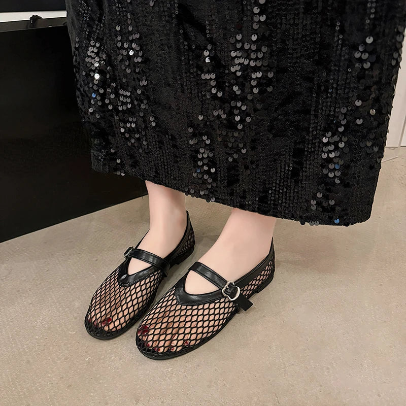 In Summer, Wear Round Toe, Straight Buckles, Casual and Comfortable, Women's Flats, Cut-out Mary Jane Single Shoes,fishnet Shoes