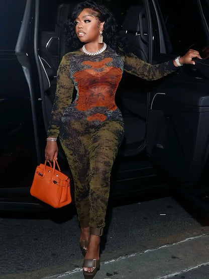 Weird Puss Tie-Dye Print Jumpsuit Women Fitness Stretch Tight Sexy o-Neck Full Sleeve Skinny Streetwear Autumn Zip Slim Overalls