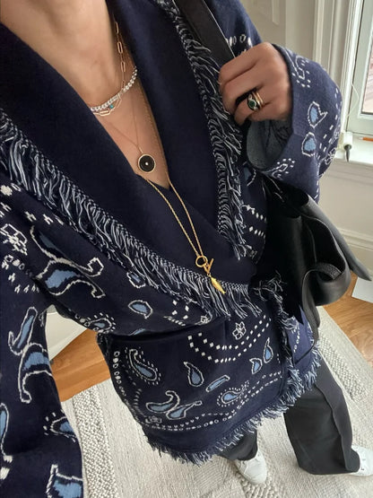 Tassel Patchwork Printed Cardigan Women Fashion V-neck Long Sleeve Loose Outerwears Lady Autumn Daily Commute Street Cardigans