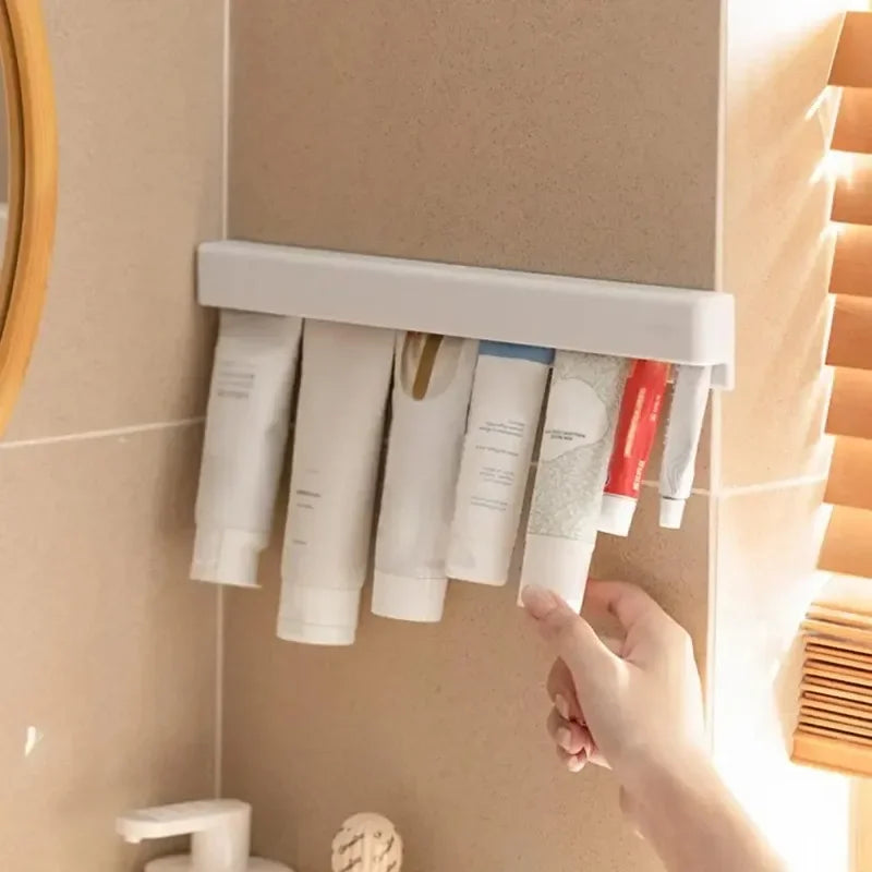 Wall Mount Bathroom LongToothpaste Holder Multifunctional Space-Saving Toothpaste Holder No Drilling Required Storage Rack