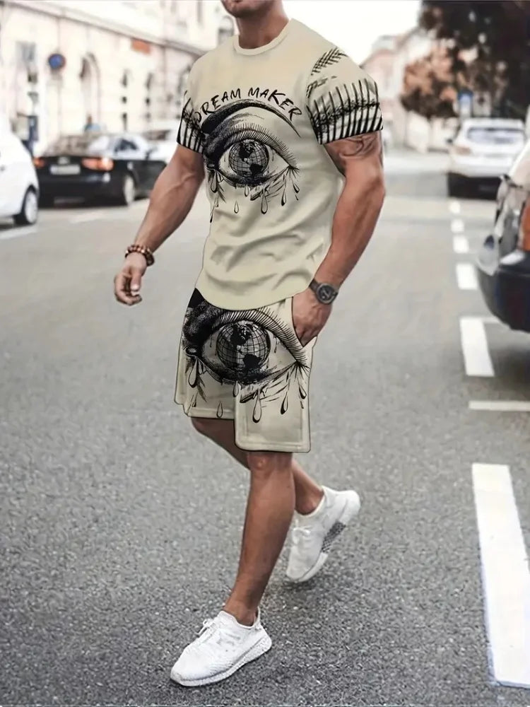 Summer Simple Letter Print Men's Crew Neck Short Sleeve Top And Shorts Harajuku Street Fashion Men's Suit Everyday Casual Comfor