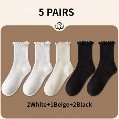 5 Pairs /Lot Socks for Women Ruffle Middle Tube Ankle Short Breathable Black White Set Spring Autumn