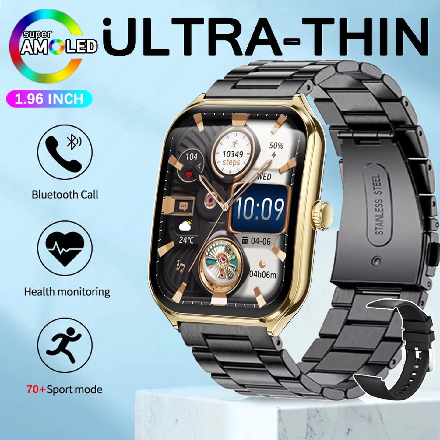 2025 New 7.5MM Ultra Thin Smart Watch Men 1.96"AMOLED Screen Always Show Time Heart Rate Sport Waterproof BT Call Smartwatch