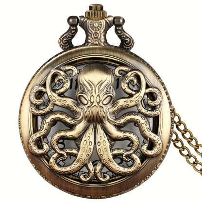 Unique Retro Bronze Octopus Pattern Design Quartz Pocket Watch With Necklace Chain Gift for Male Kids Chronograph Hombre Relojes