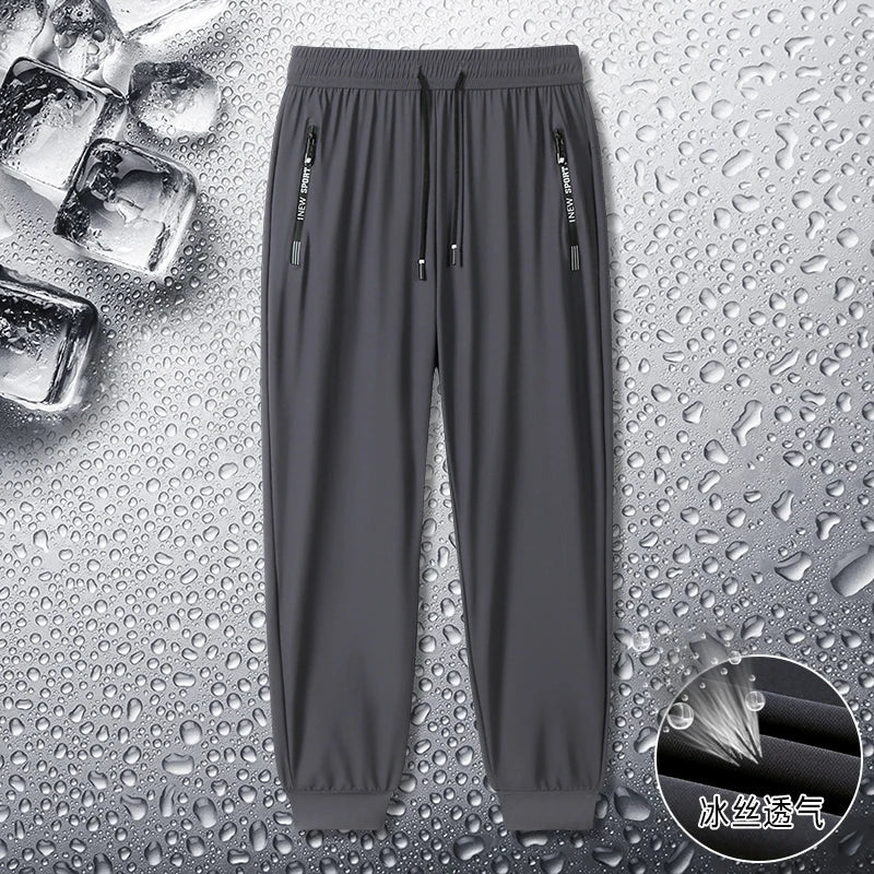 2025 Summer Men's Thin Ice Silk Casual Pants Loose Fit Plus Size Quick-Dry Elastic Joggers 9/4 Length Tapered Ankle Sweatpants