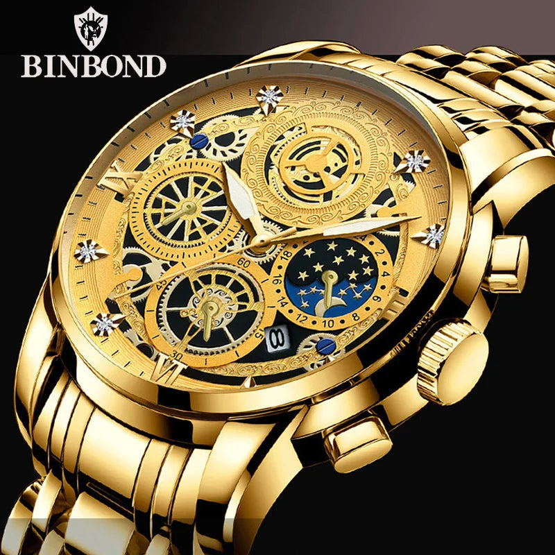 BINBOND B4010 Fashion Casual Quartz Men Watch Stainless Steel Strap Luxury Dial Luminous 30M Waterproof Business Men Wristwatch