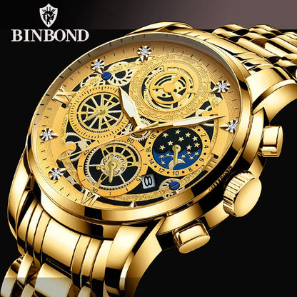 BINBOND B4010 Fashion Casual Quartz Men Watch Stainless Steel Strap Luxury Dial Luminous 30M Waterproof Business Men Wristwatch