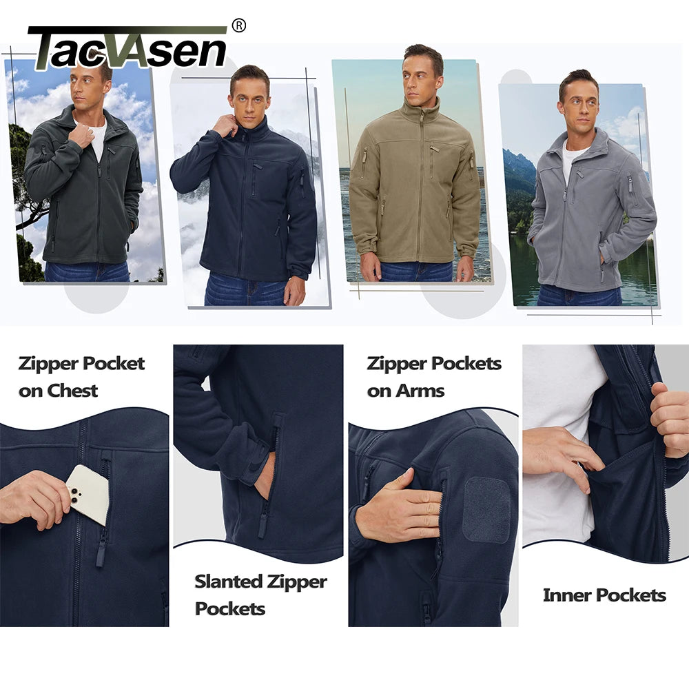 TACVASEN Full Zip Up Green Fleece Jacket Thermal Warm Work Coats Mens Zipper Pockets Jacket Hiking Training Outwear Windbreaker
