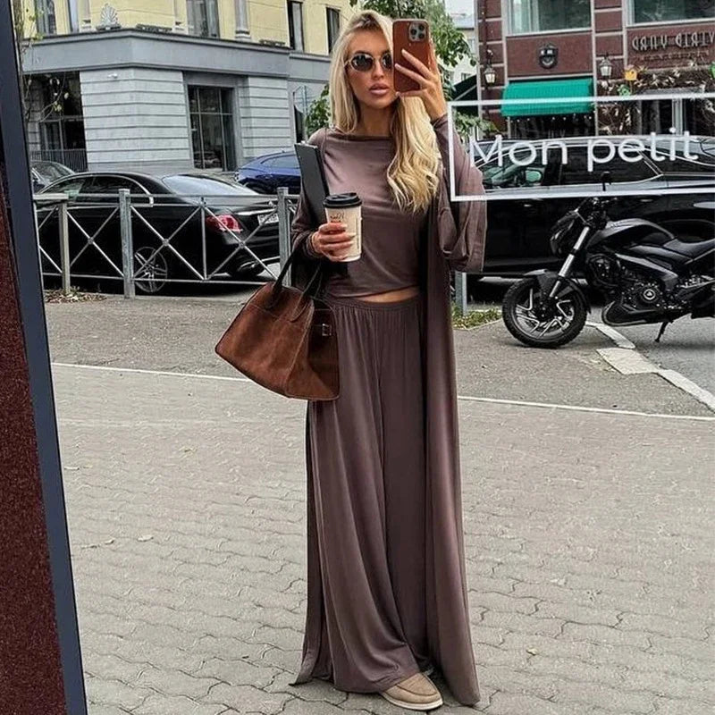 Casual Solid Women 3 Pieces Suits V-neck Long Coats O-neck Slim Top Wide Leg Trousers 2025 Spring Summer New Fashion Female Sets