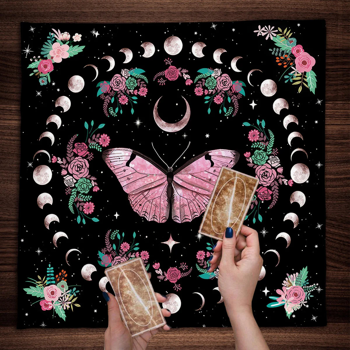 Pink Butterfly Moon Phase Floral Tarot Card Tablecloth  Altar Cloth Witchcraft Astrology Oracle Divination Cloth Home Decor