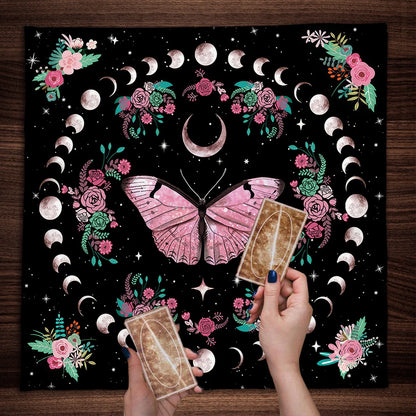 Pink Butterfly Moon Phase Floral Tarot Card Tablecloth  Altar Cloth Witchcraft Astrology Oracle Divination Cloth Home Decor