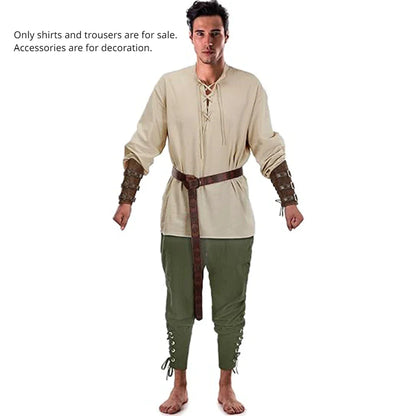 2Pcs Men's Medieval Knight Costume Set Renaissance Cosplay Pirate Shirts Ankle Banded Pants For Halloween Cotton Linen Fabric