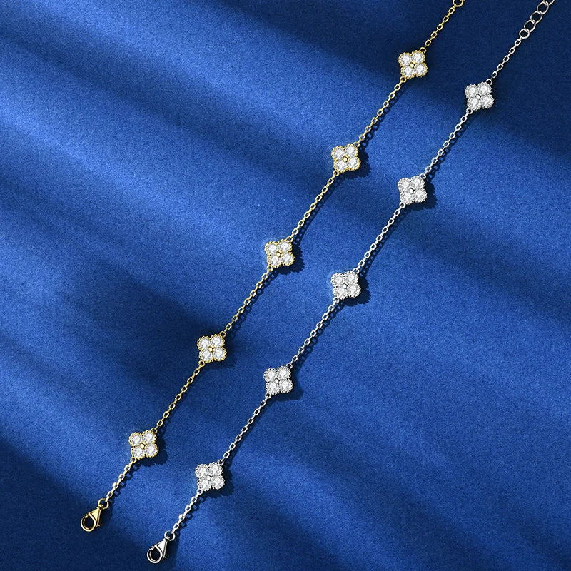 18k Gold Plated 925 Silver 3mm Moissanite Necklace Earrings Bracelet Sets 3 In 1 Clover Flower Charm Jewelry Set for Women Gift