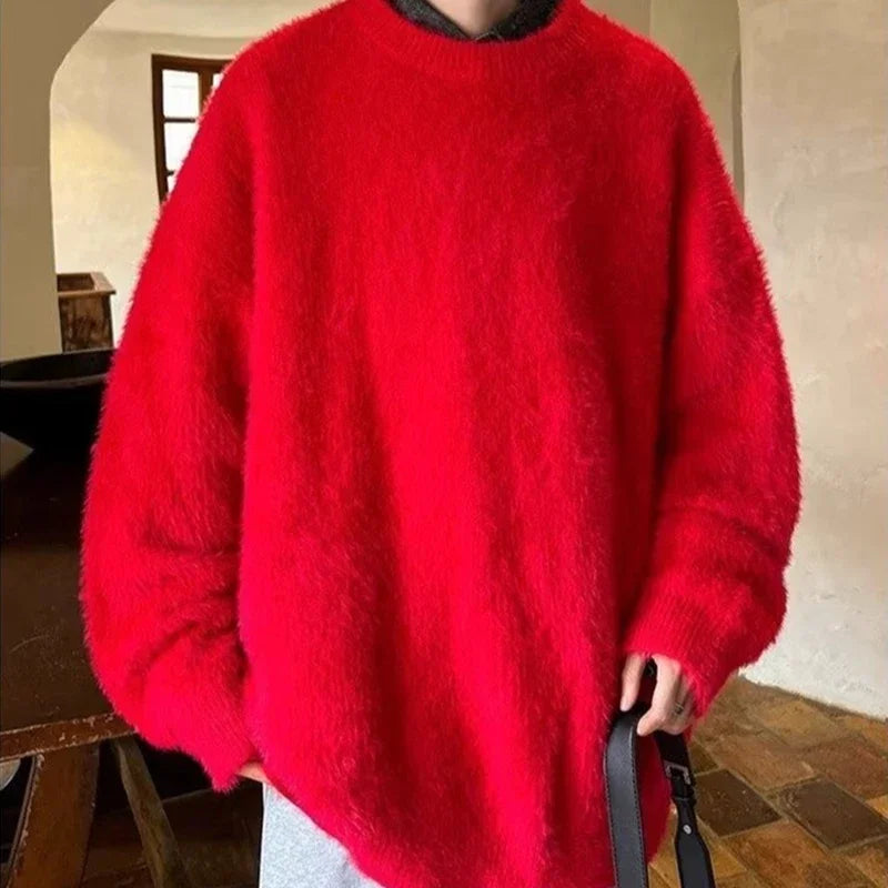 Autumn Men's Solid Fluffy Knitted Sweaters New Korean Fashion Loose Warm Pullovers Winter Couples Y2K Vintage Knitwear Jumpers